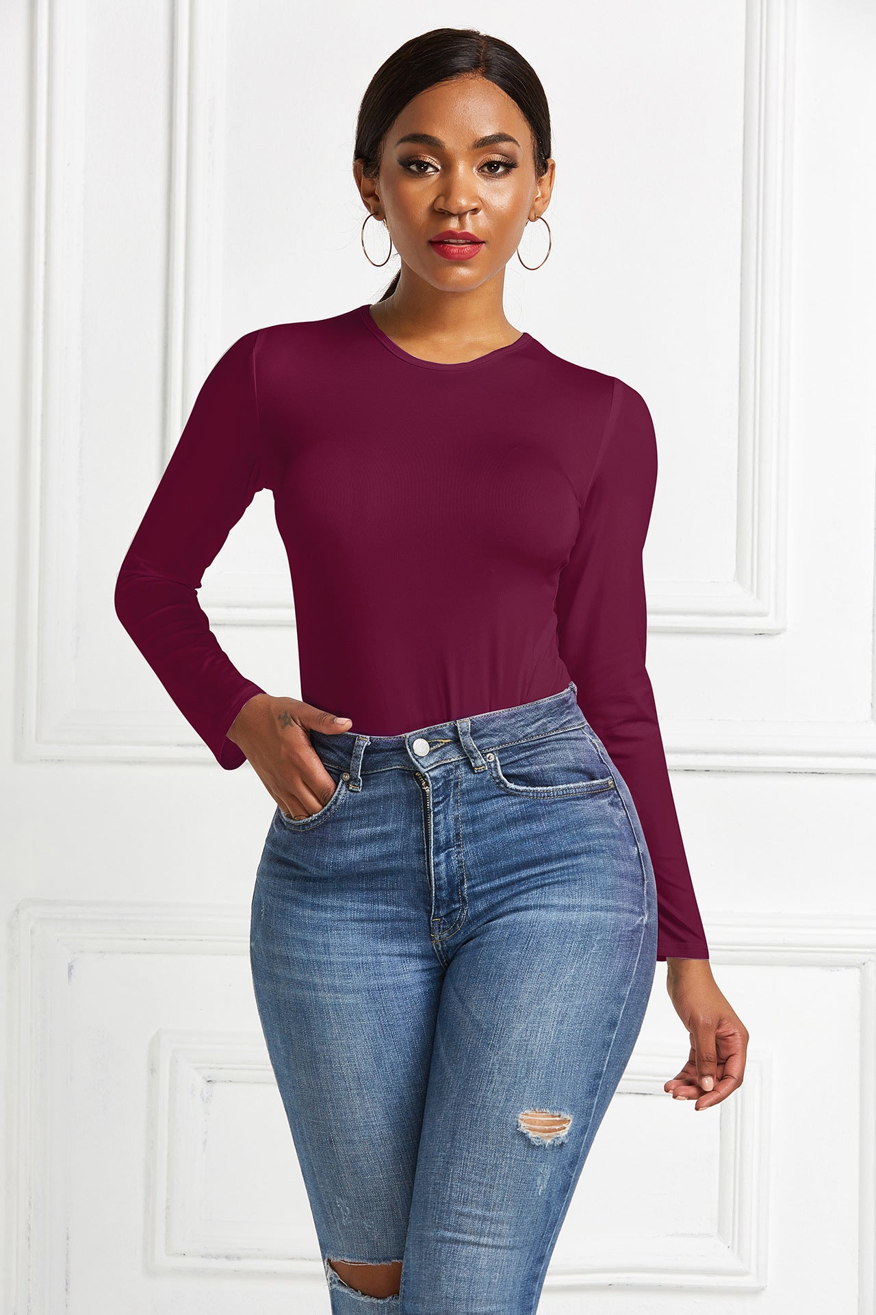 Damer Langærmet Bodysuit med figursyende snit og elegant Rundhalset Stilla