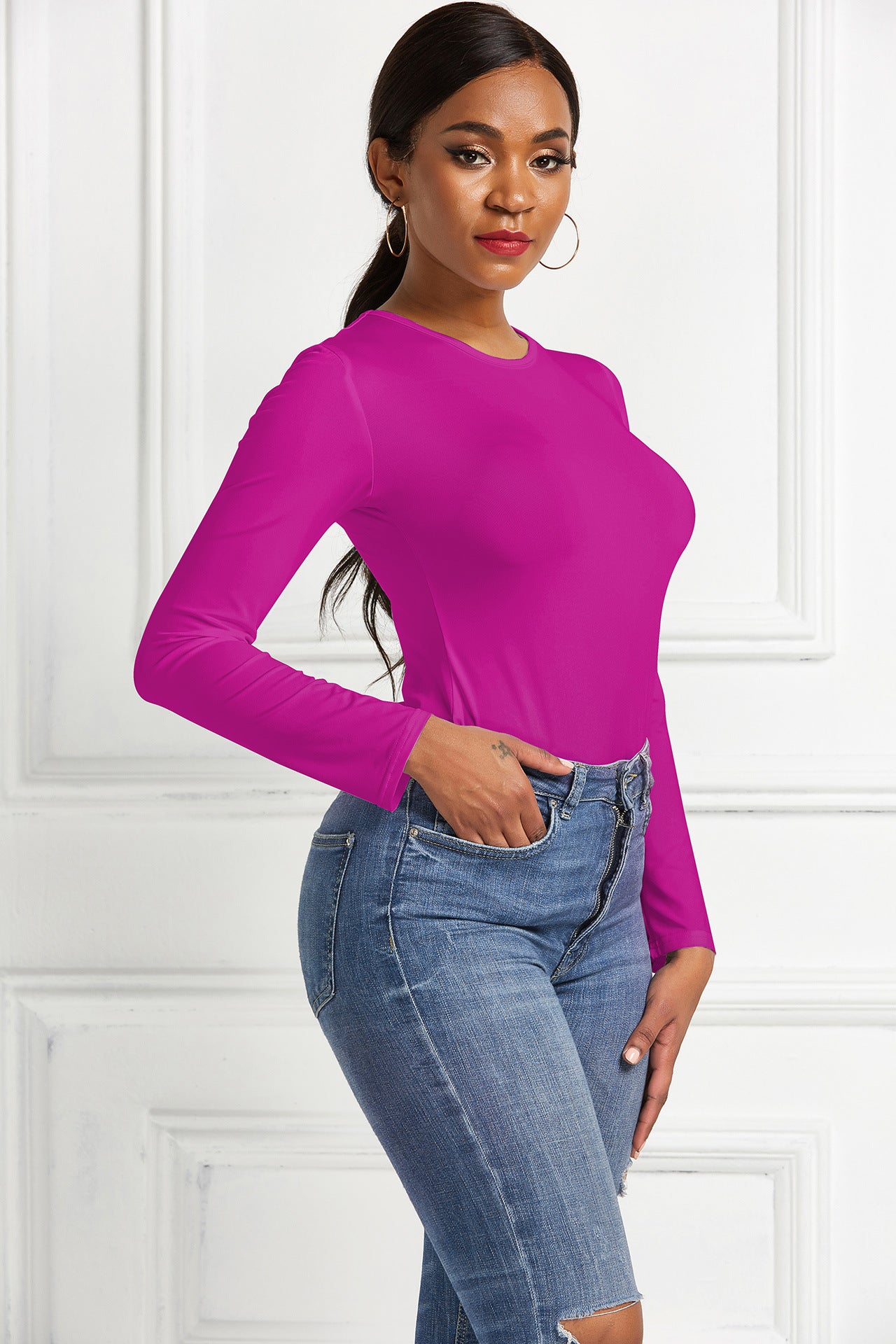 Damer Langærmet Bodysuit med figursyende snit og elegant Rundhalset Stilla