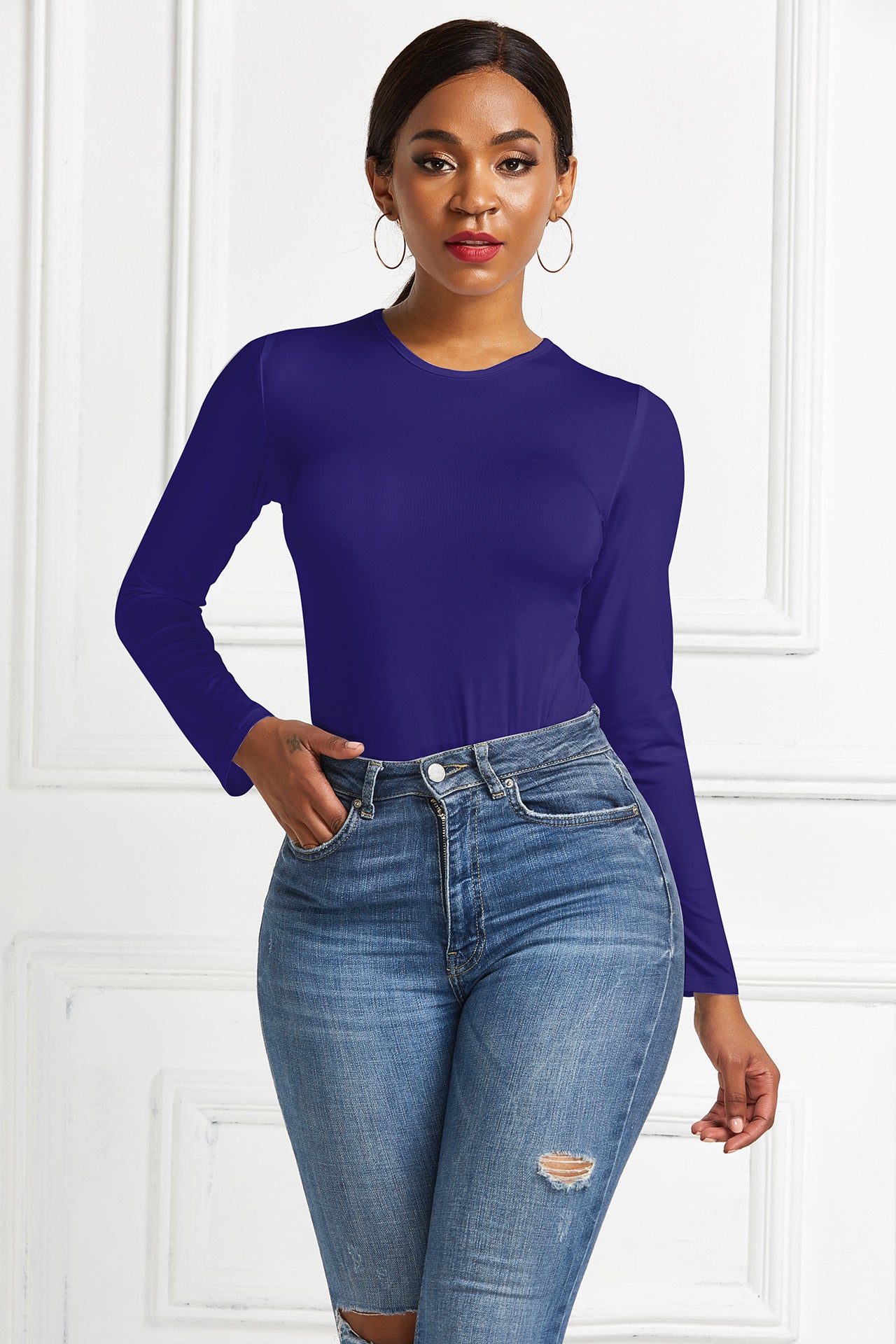 Damer Langærmet Bodysuit med figursyende snit og elegant Rundhalset Stilla