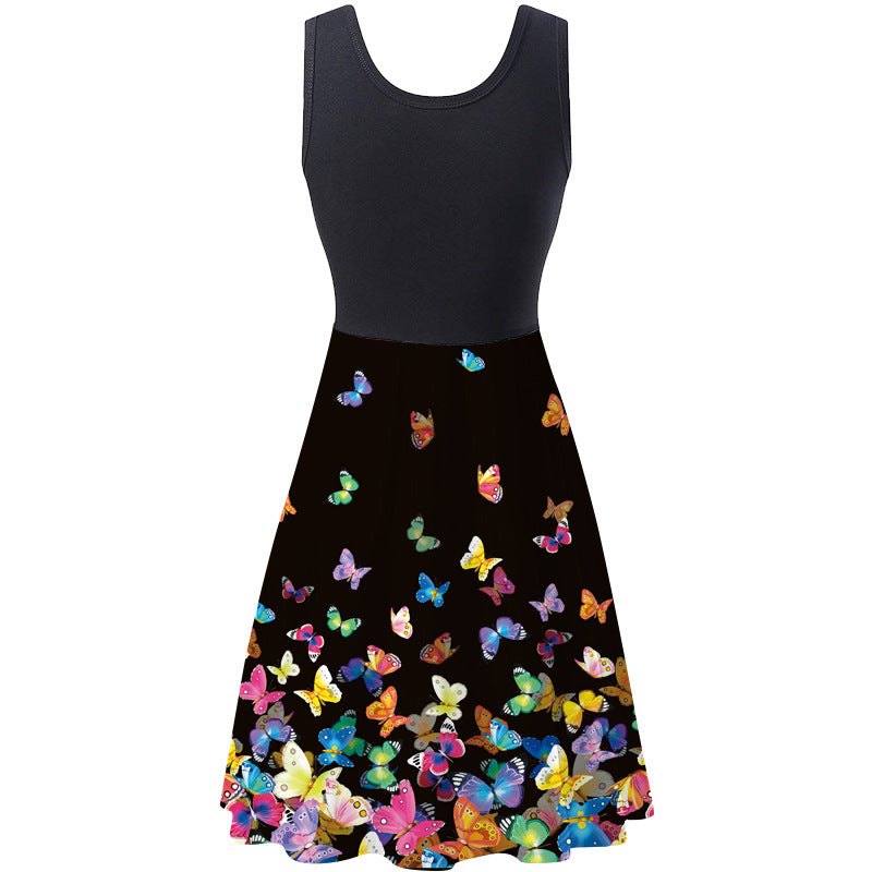 Dame A-linje kjole med farverigt sommerfuglemotiv Stilla