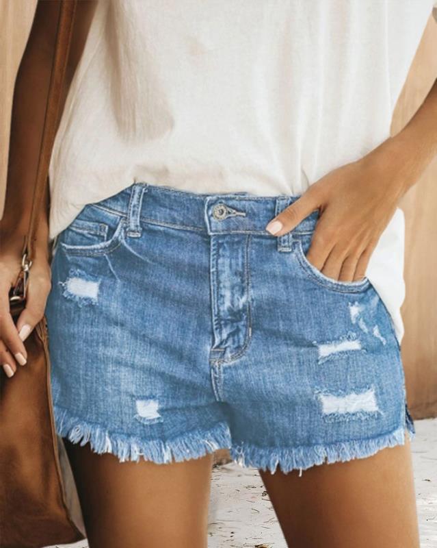 Dame Destroyed Denim-Shorts i afslappet stil med frynset kant Stilla