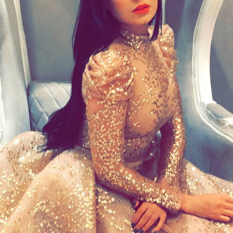 Dame Ekstravagant Aftenkjole med Glitter og Puffærmer Stilla