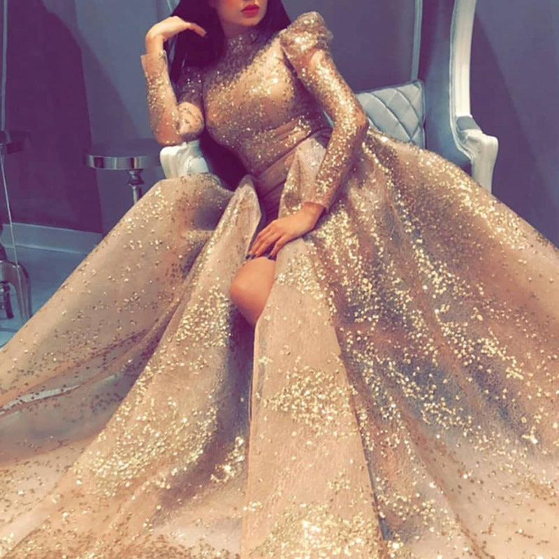 Dame Ekstravagant Aftenkjole med Glitter og Puffærmer Stilla