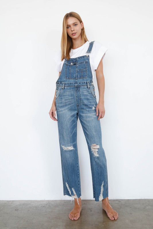 Stilla | Talje Rippet Straight Denim Overall Jumpsuit