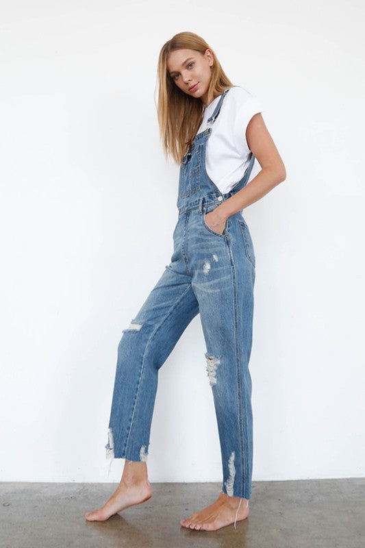Stilla | Talje Rippet Straight Denim Overall Jumpsuit