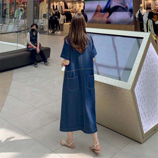 Dame afslappet denim-kjole med praktisk lomme-design Stilla