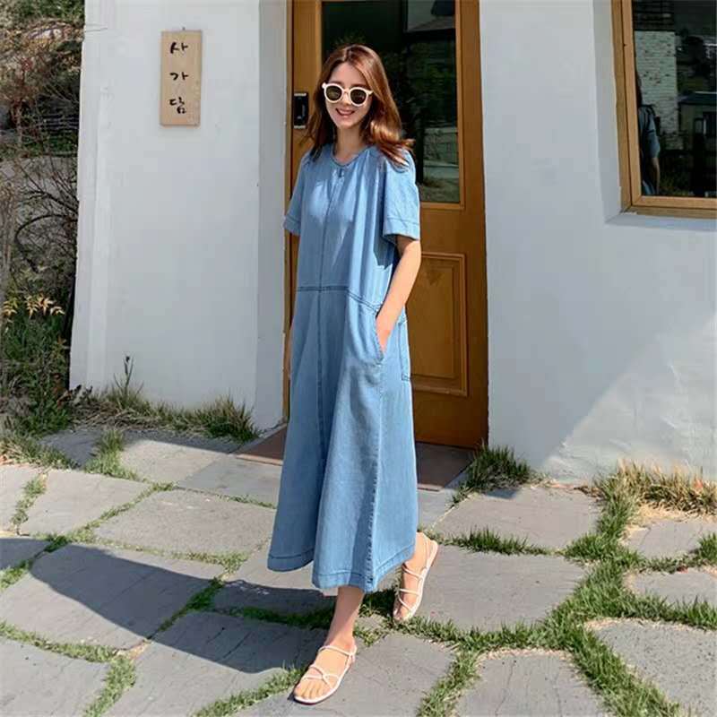 Dame afslappet denim-kjole med praktisk lomme-design Stilla