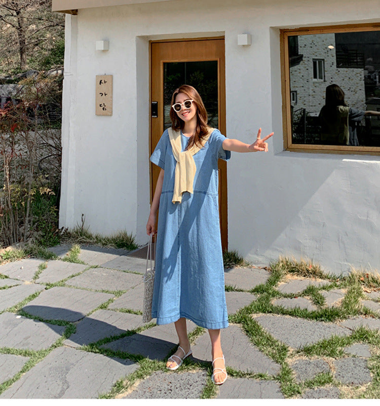 Dame afslappet denim-kjole med praktisk lomme-design Stilla