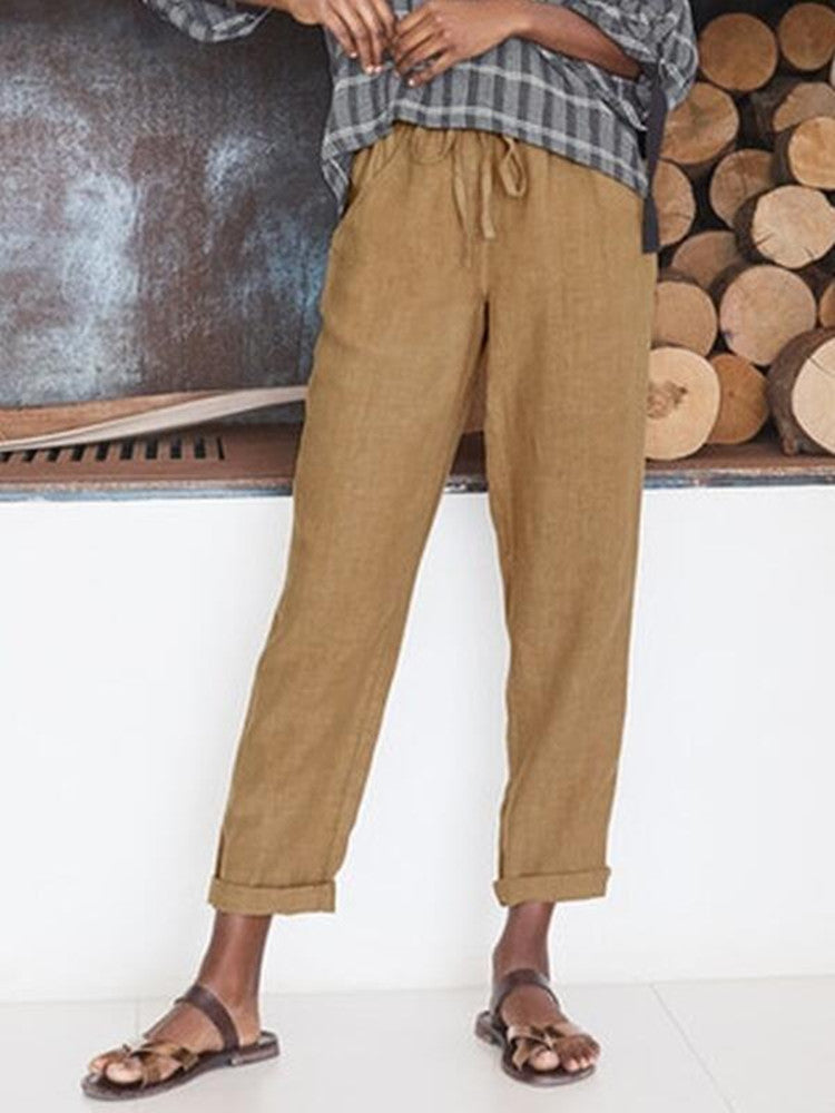 Dame afslappede linnedbukser med elastisk talje og praktiske lommer Stilla