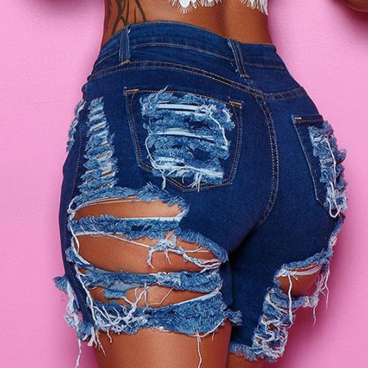 Dame Destroyed Denim-Shorts med sidelæns Cut-Outs og høj talje Stilla