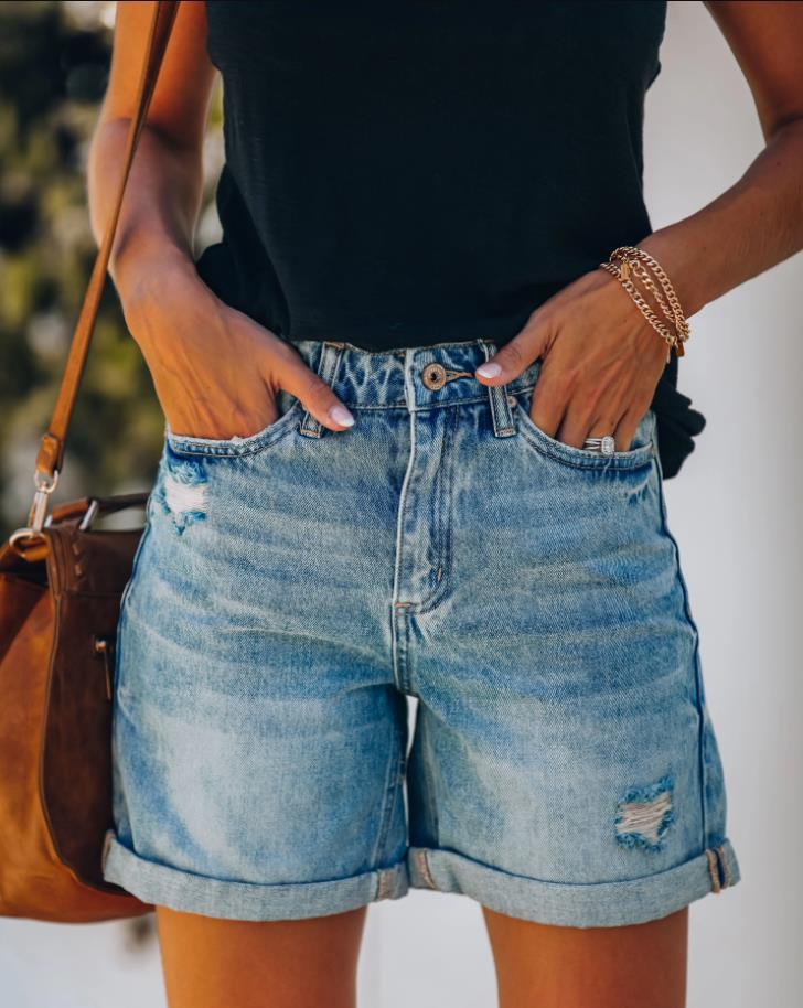 Dame Denim-shorts i afslappet vintage-stil med høj talje og frynse-detaljer Stilla