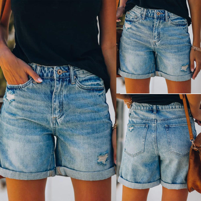Dame Denim-shorts i afslappet vintage-stil med høj talje og frynse-detaljer Stilla