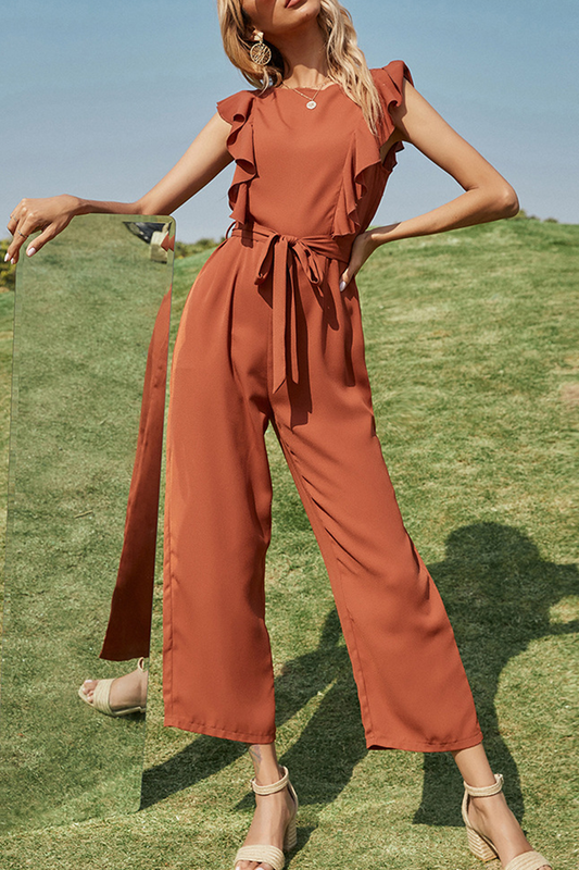 Stilla | Moderne Elegant Solid Split Joint Flounce Med Bælte O-hals Lige Jumpsuits