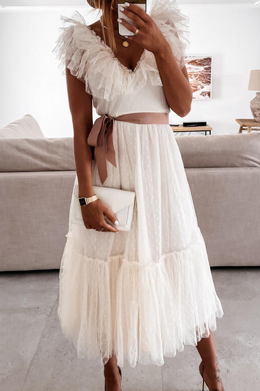 Stilla | Mode Elegant Solid Med Bælte Mesh V-hals A-line Kjoler