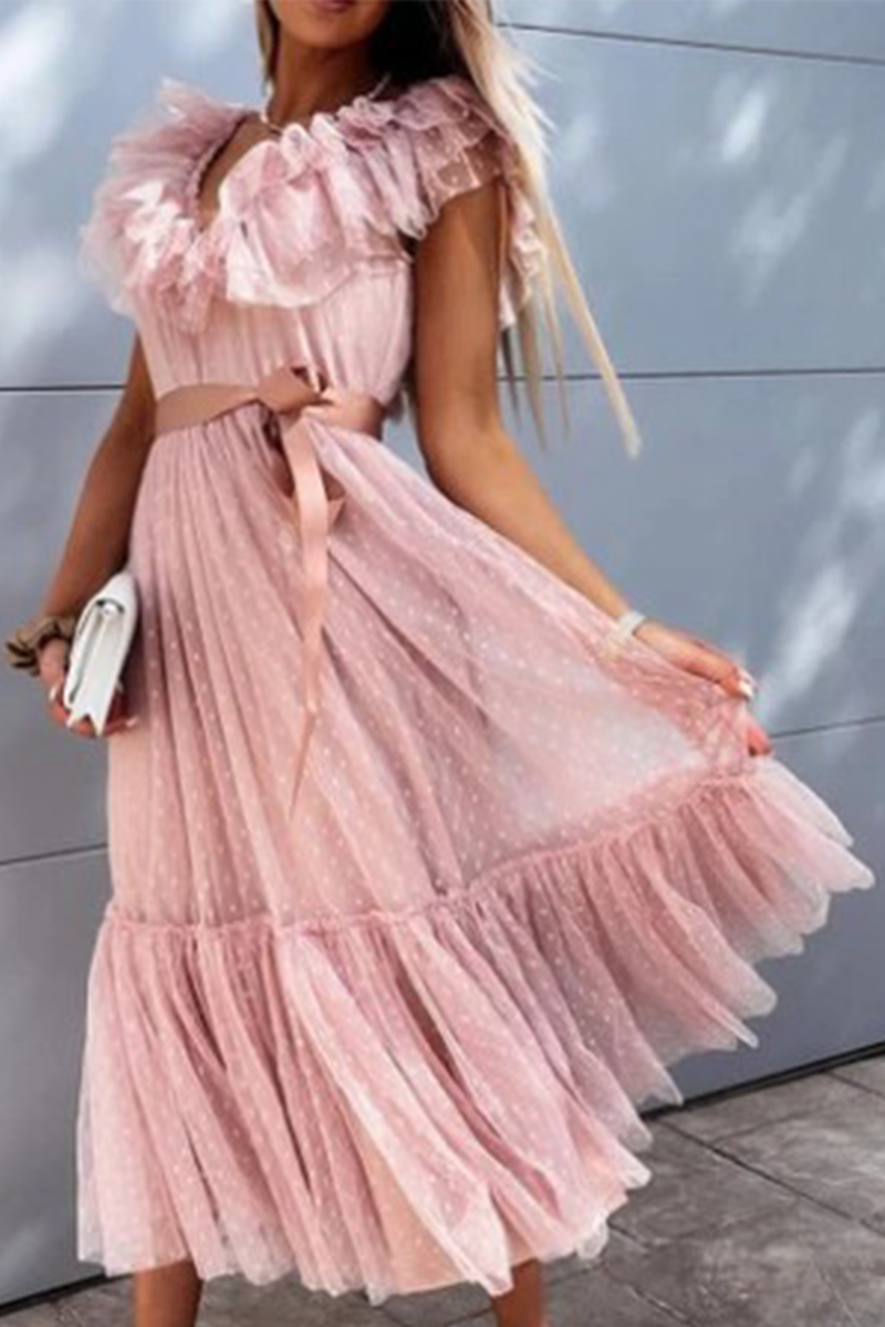 Stilla | Mode Elegant Solid Med Bælte Mesh V-hals A-line Kjoler