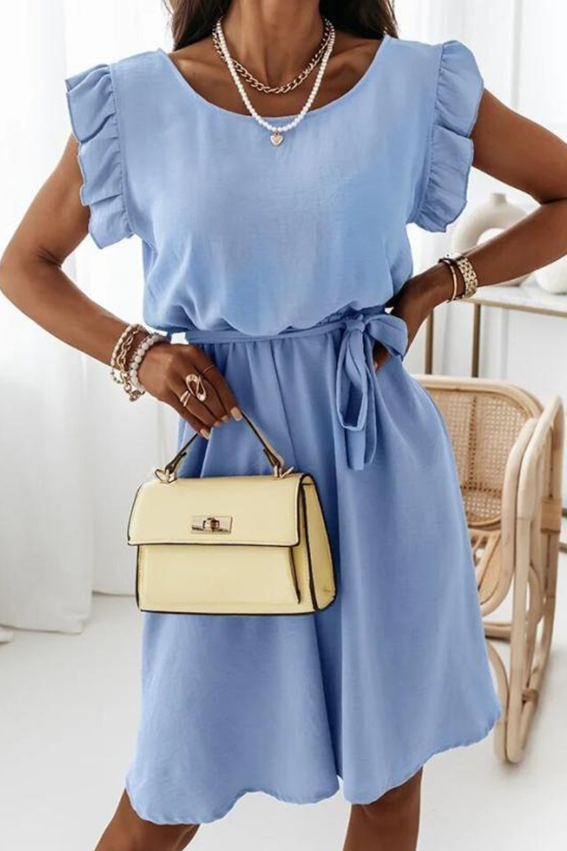 Stilla | Mode Elegant Solid Flounce Med Bælte O-hals A-line Kjoler