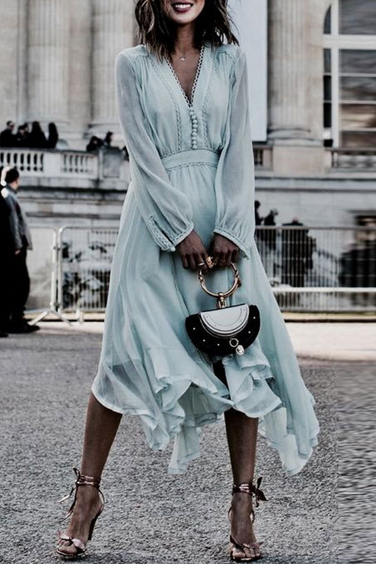 Stilla | Mode Elegant Solid Split Joint Knapper V-hals Uregelmæssig Kjole Kjoler