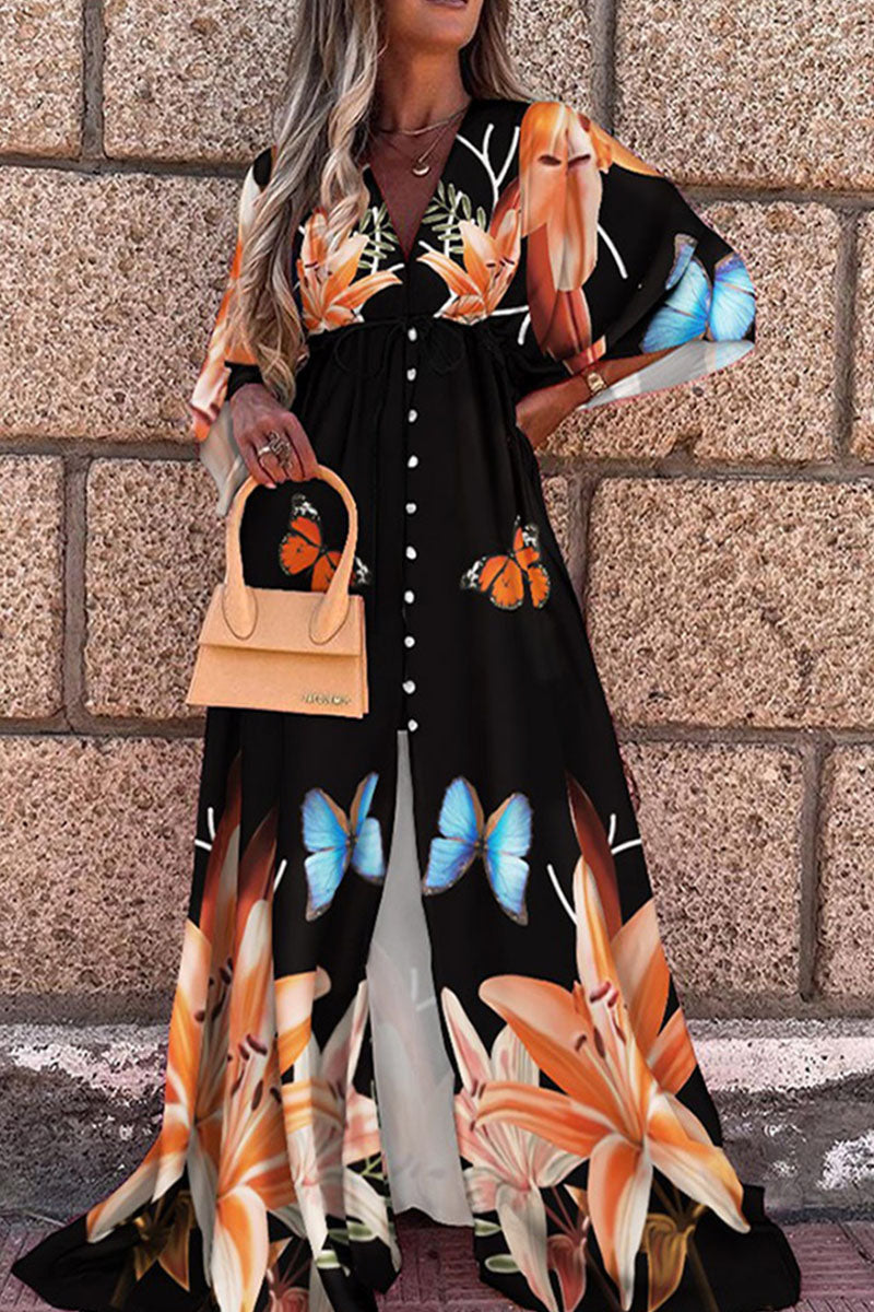 Stilla | Mode Elegant Print Split Joint V-hals A-linje Kjoler