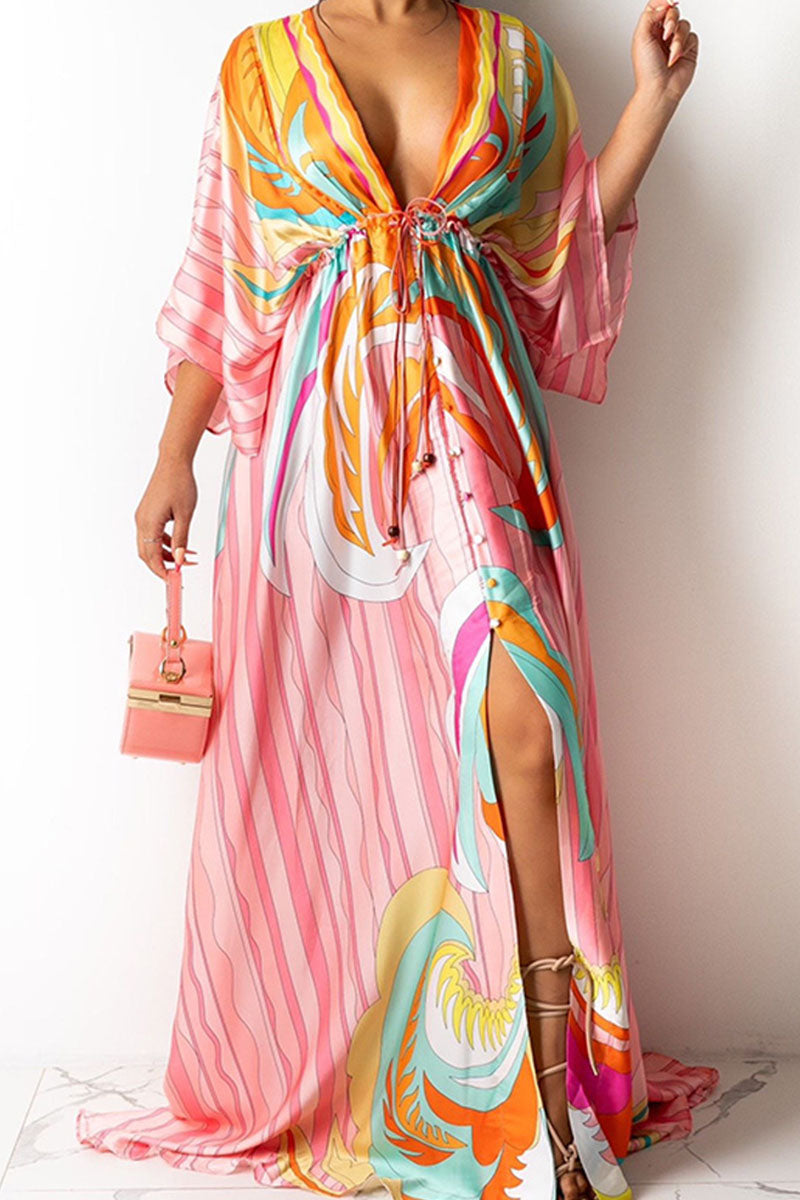 Stilla | Mode Elegant Print Split Joint V-hals A-linje Kjoler