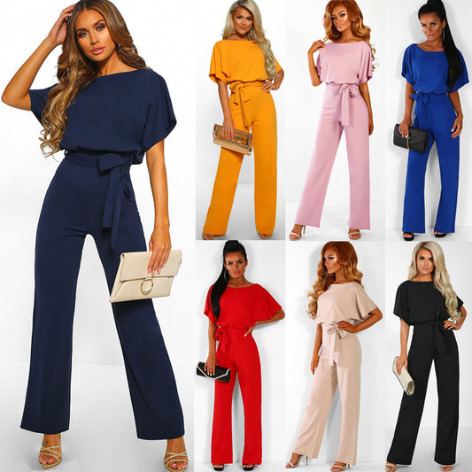 Dame bredbenet jumpsuit med stilfuld bindebælte Stilla
