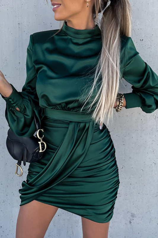 Stilla | Mode Elegant Ensfarvet Split Sammenfoldet Mandarin Krave Indpakket Nederdel Kjoler