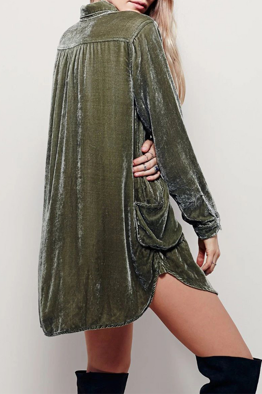 Stilla | Fashion Afslappet Solid Split Joint Pocket Turndown Collar Skjorte Kjole Kjoler