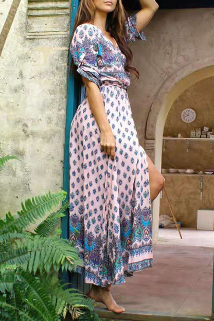 Stilla | Boho Printkjoler Med Sløjfe, Split og V-udskæring