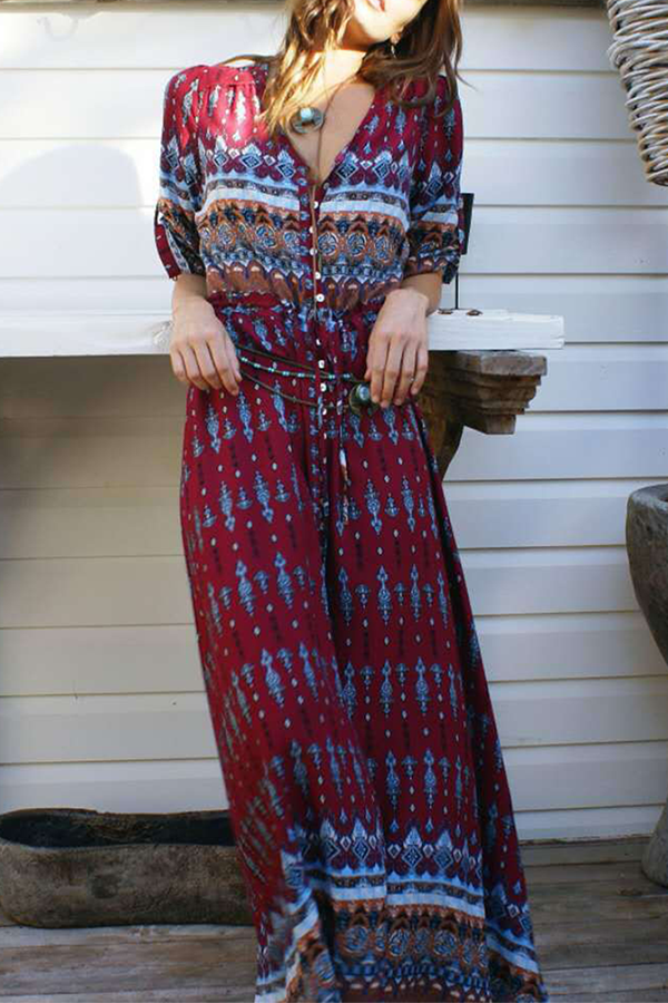 Stilla | Boho Printkjoler Med Sløjfe, Split og V-udskæring