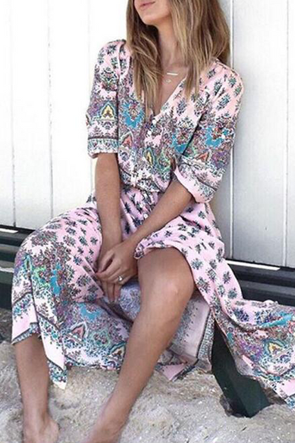 Stilla | Boho Printkjoler Med Sløjfe, Split og V-udskæring