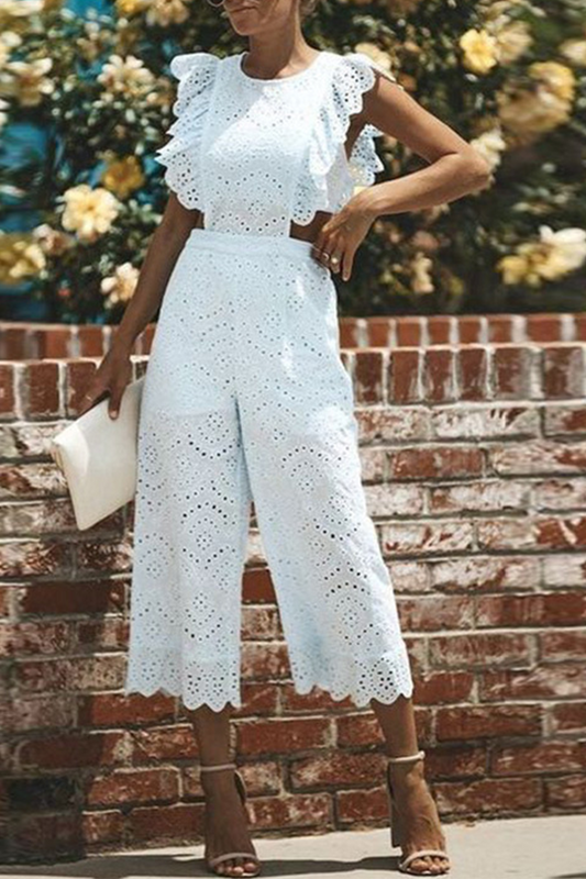 Stilla | Afslappet Solid Lace O-hals Lige Jumpsuits