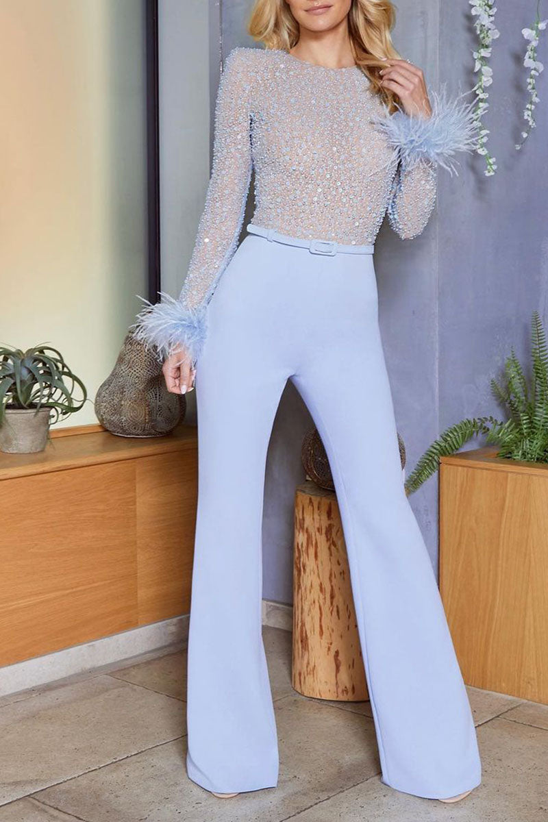 Stilla | Mode Sexy Solid Patchwork Fjer Perler O Hals Lige Jumpsuits