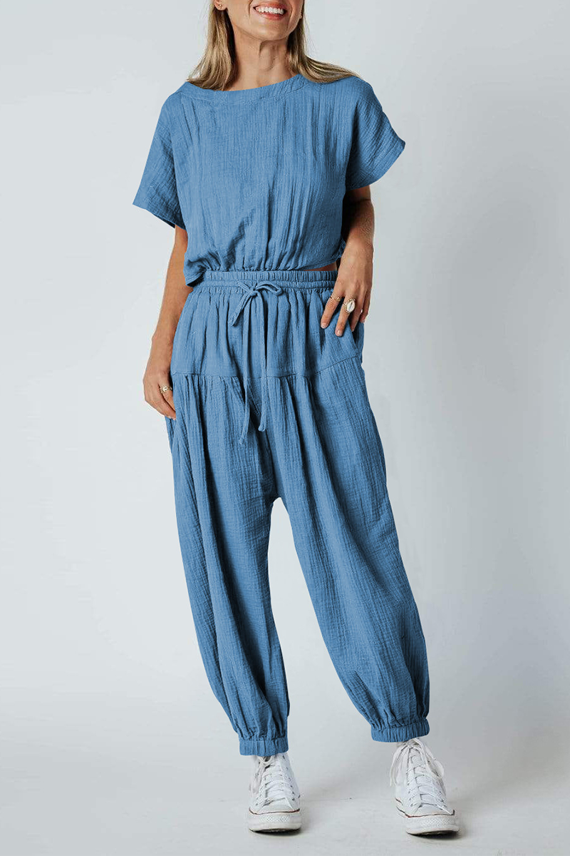 Stilla | Afslappet Solid Patchwork O Hals Harlan Jumpsuits