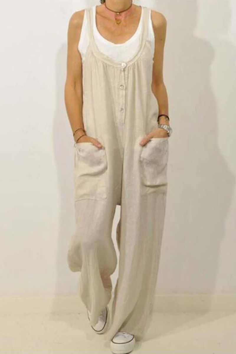 Stilla | Afslappet Solid Split Joint U Hals Løs Jumpsuits