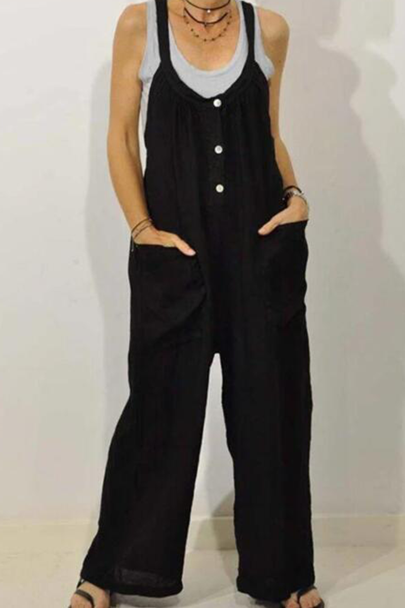 Stilla | Afslappet Solid Split Joint U Hals Løs Jumpsuits