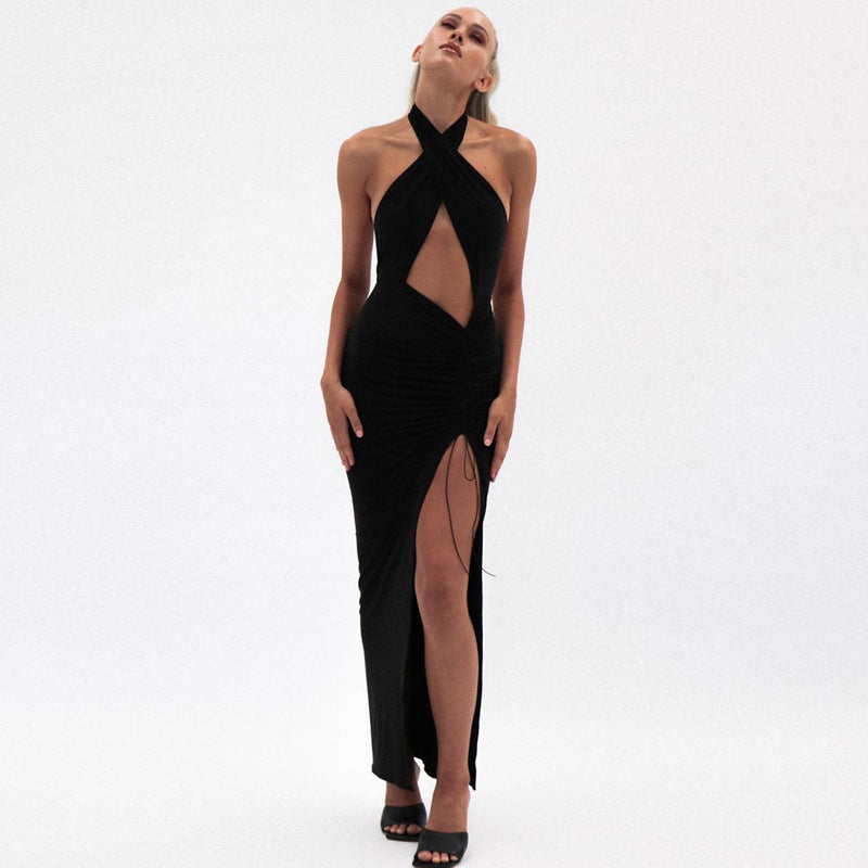 Dame Cut-Out Maxi-kjole med raffinerede rynkelementer og dyb split Stilla