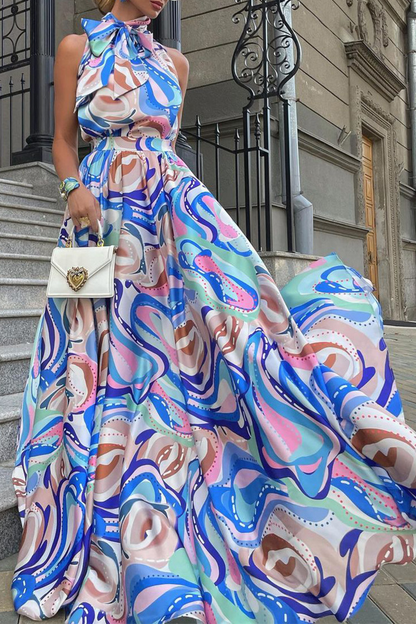 Stilla | Fashion Print Split Joint Halter Kage Skørt Kjoler