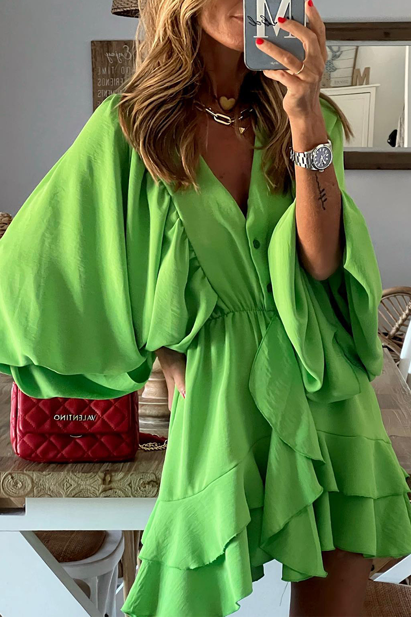 Stilla | Afslappet Solid Split Joint V-hals Kage Skirt Kjoler