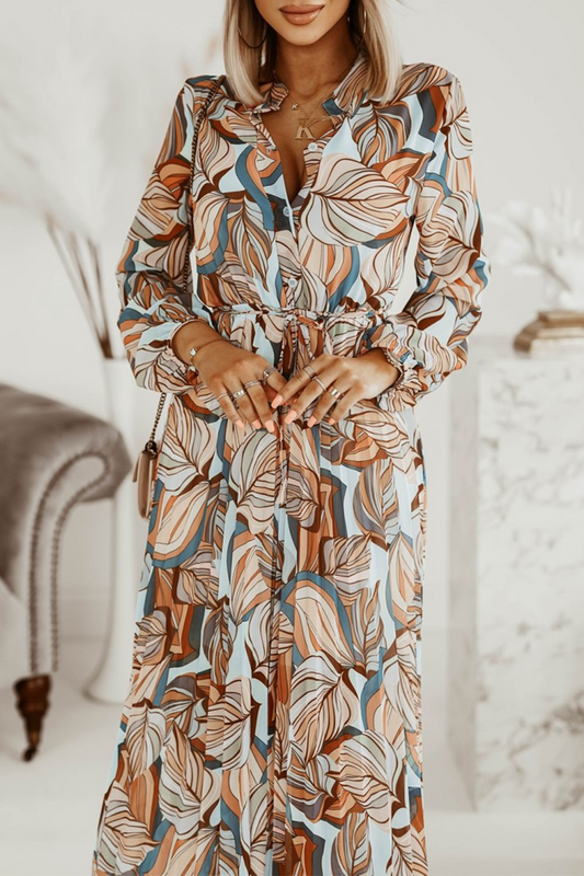 Stilla | Afslappet Print Split Joint Nederdel Kjoler Med Nedfoldet Krave