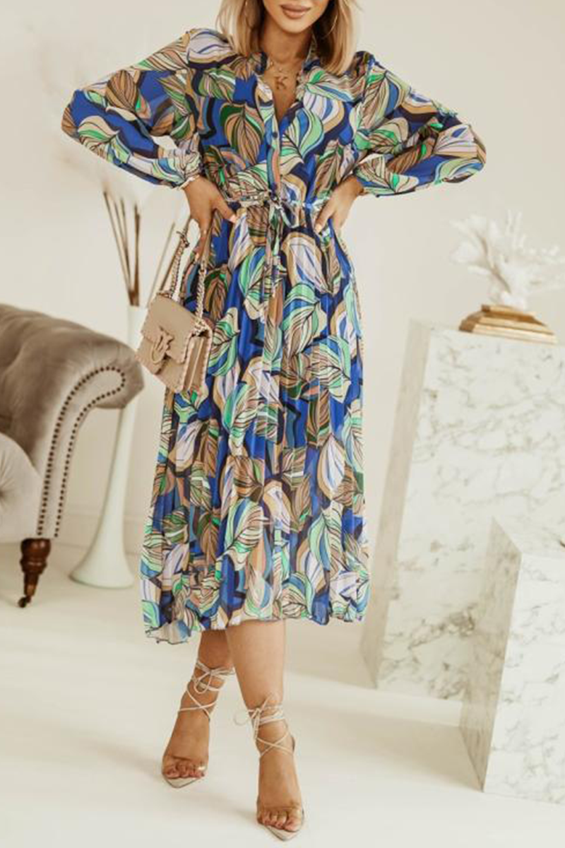 Stilla | Afslappet Print Split Joint Nederdel Kjoler Med Nedfoldet Krave