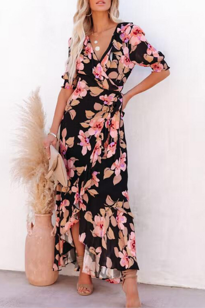 Stilla | Mode Print Split Joint V-hals Talje Skirt Kjoler