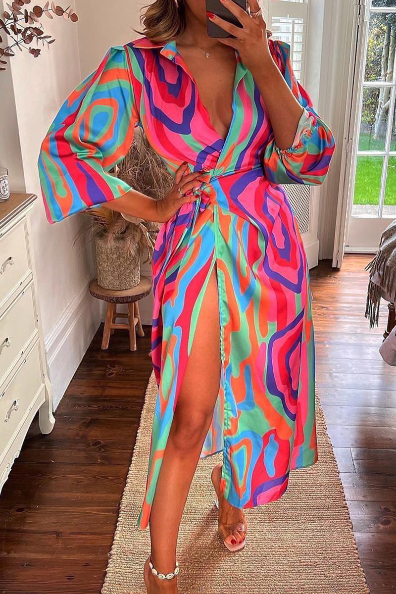 Stilla | Mode Print Split Joint V-hals Talje Nederdel Kjoler