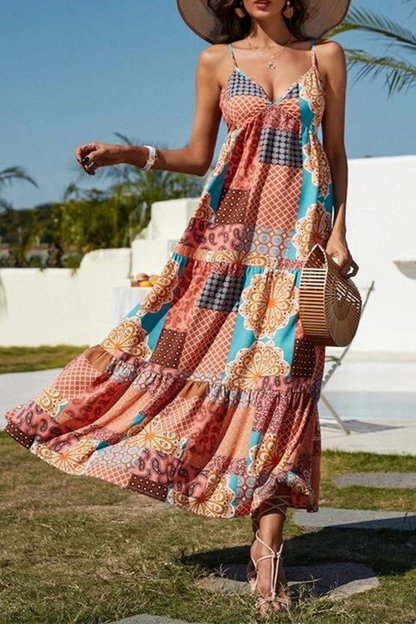 Stilla | Mode Print Split Joint Spaghetti Strop Kage Nederdele Kjoler