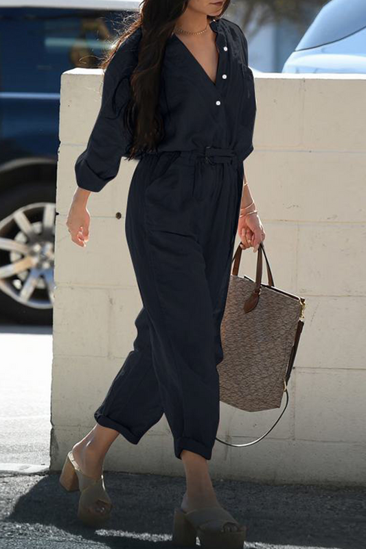 Stilla | Afslappet Solid Patchwork V-hals Harlan Jumpsuits