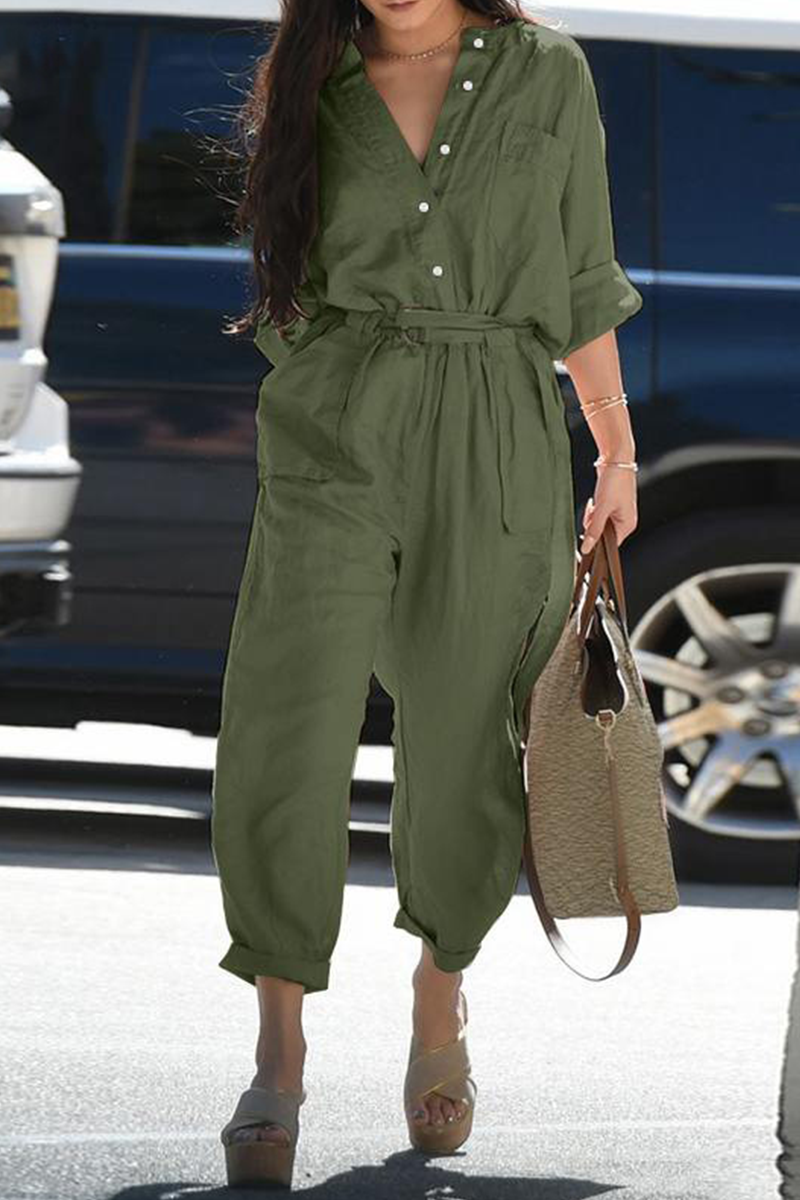 Stilla | Afslappet Solid Patchwork V-hals Harlan Jumpsuits