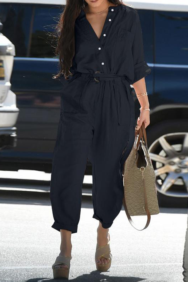 Stilla | Afslappet Solid Patchwork V-hals Harlan Jumpsuits