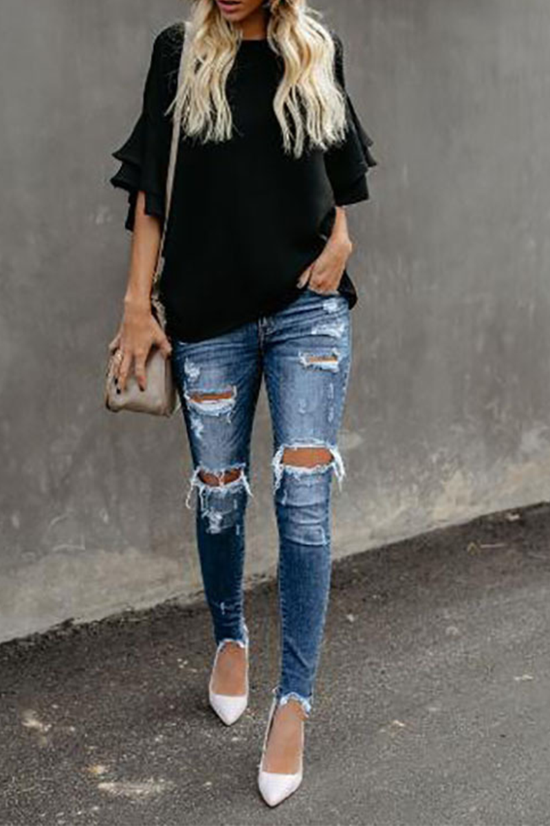 Stilla | Ensfarvede Casual T-shirts Med Flæser