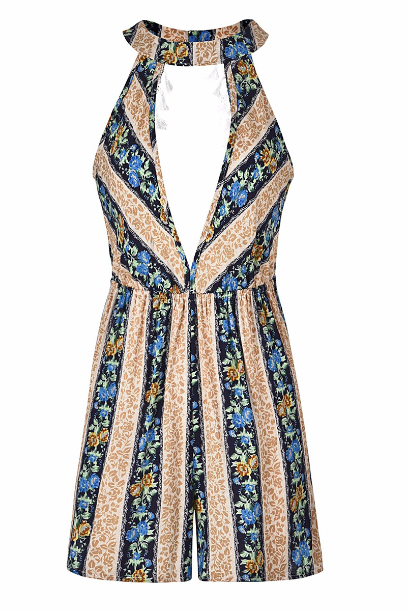Stilla | Afslappet Print Patchwork Halterneck Straight Jumpsuits