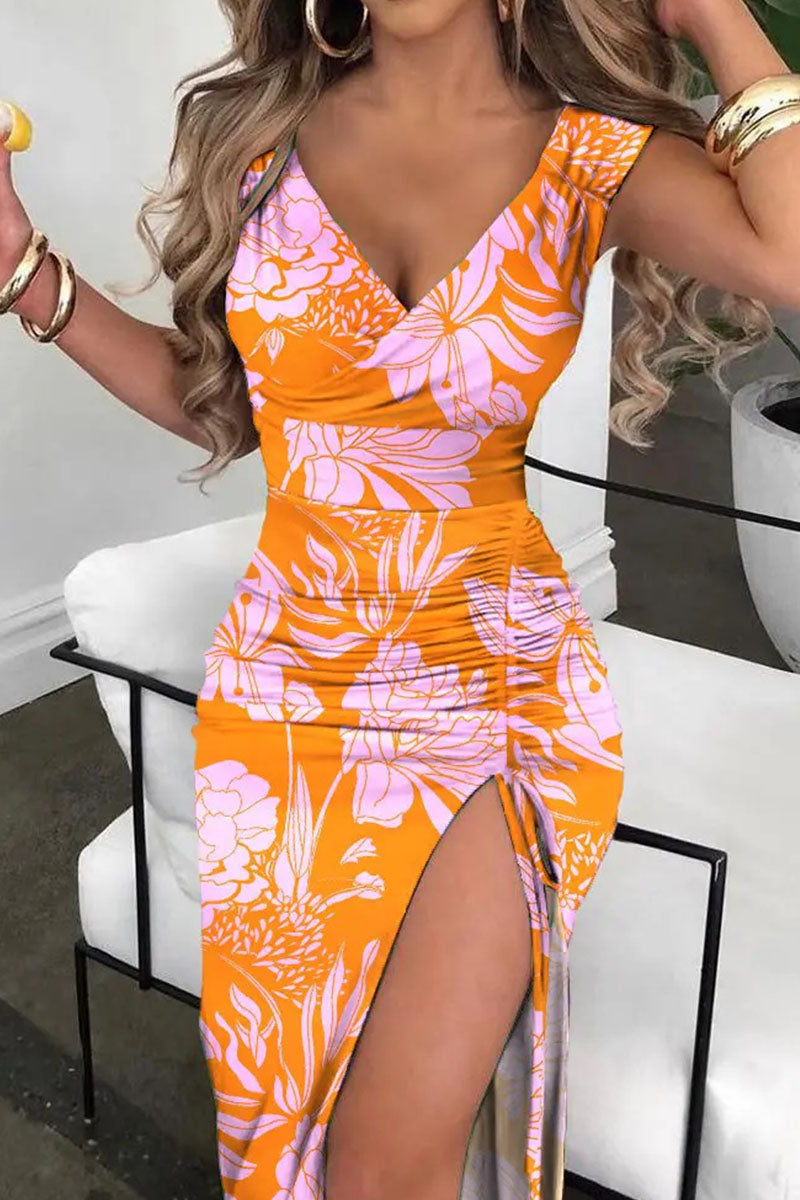 Stilla | Sexet Print Patchwork Slids V-hals Lige Kjoler