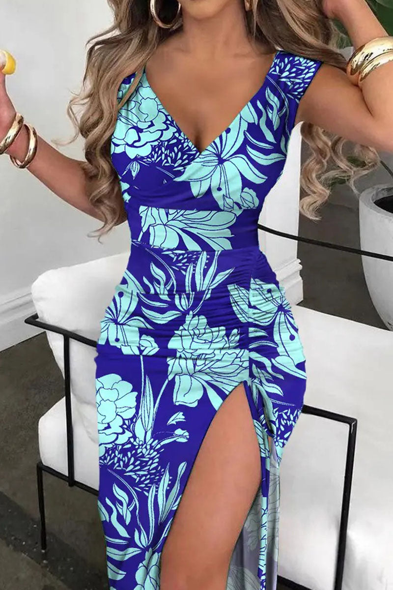 Stilla | Sexet Print Patchwork Slids V-hals Lige Kjoler