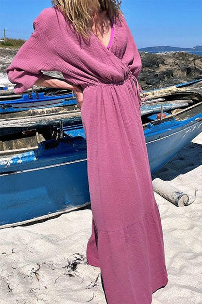 Stilla | Modevenlige Ensfarvede Patchworkkjoler Med V-udskæring og a-linje